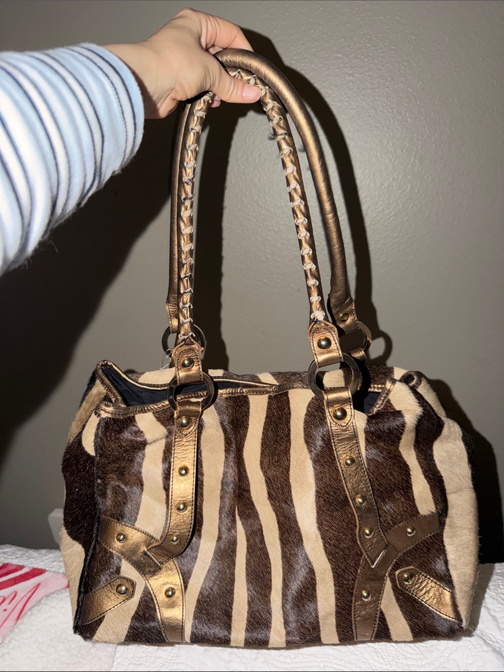Zebra-Print Shoulder Bag with Metallic Brown Trim